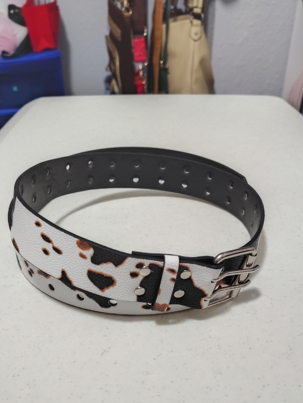 Brand New Women’s White Cow Print Double-Buckle Belt
